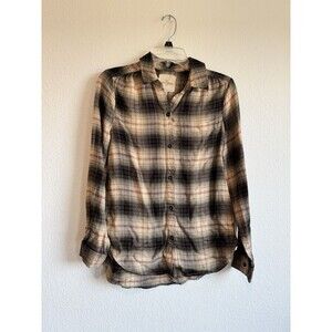 Casa Cabana Women's Brown Plaid Long Sleeve Button Down Shirt Chest Pocket Small
